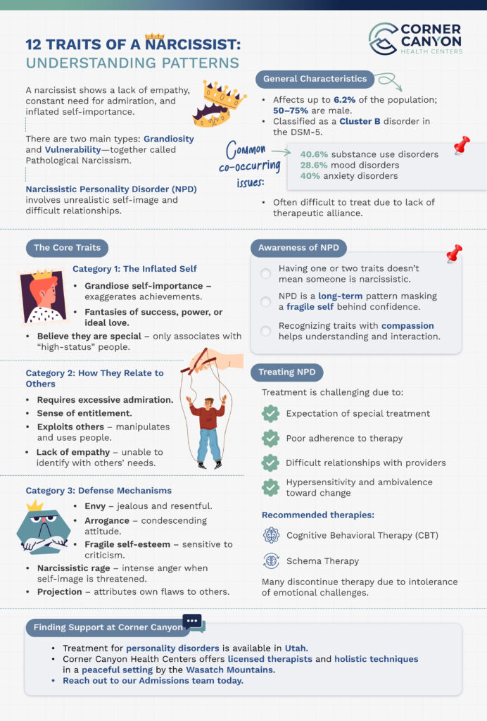 Infographic explaining the 12 traits of a narcissist, including core characteristics, defense mechanisms, and treatment options for narcissistic personality disorder.