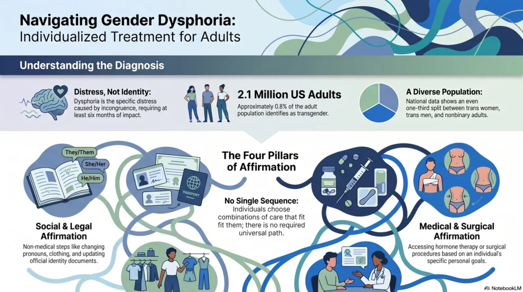 Infographic titled Navigating Gender Dysphoria: Individualized Treatment for Adults, explaining that dysphoria is distress not identity requiring six months of impact, that about 2.1 million or 0.8% of US adults identify as transgender split evenly among trans women, trans men, and nonbinary adults, and the four pillars of affirmation: social, legal, medical, and surgical, with no required universal sequence.