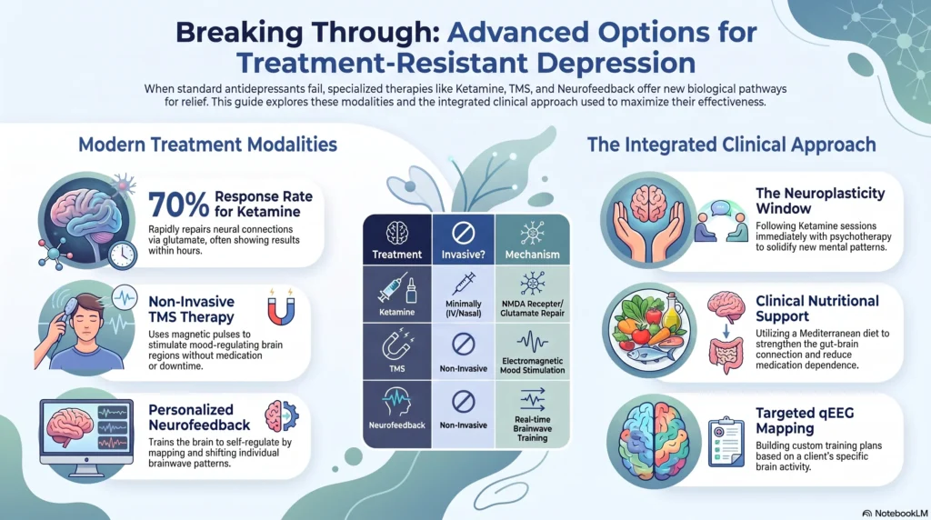 Infographic titled Breaking Through: Advanced Options for Treatment-Resistant Depression, showing modern treatment modalities with a 70% ketamine response rate, non-invasive TMS therapy, and personalized neurofeedback, a comparison table of ketamine, TMS, and neurofeedback by invasiveness and mechanism, and an integrated clinical approach covering the neuroplasticity window, Mediterranean-diet nutritional support, and targeted qEEG mapping.