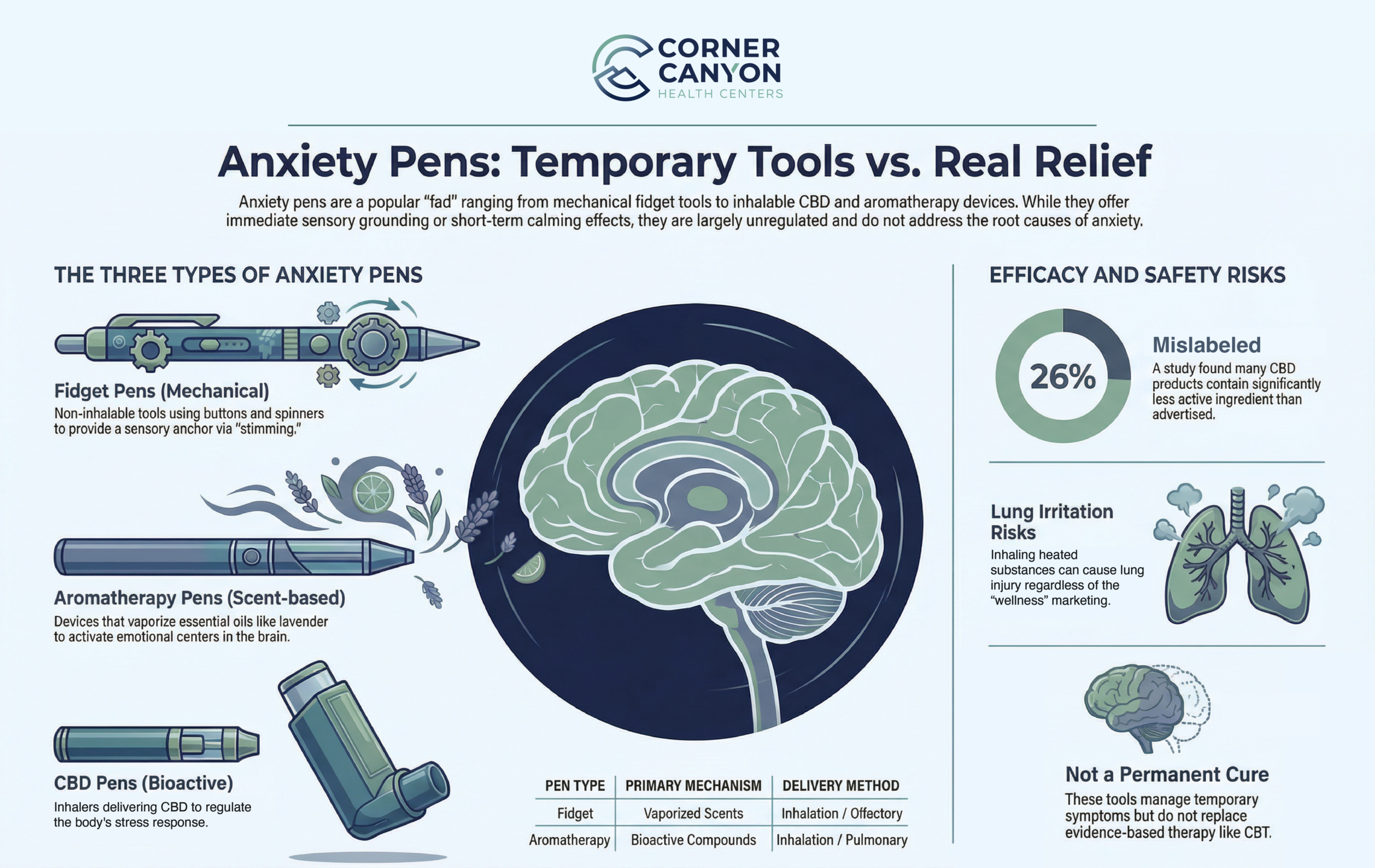 An educational infographic from Corner Canyon Health Centers titled "Anxiety Pens: Temporary Tools vs. Real Relief."

Left Section (The Three Types): Categorizes pens into Fidget Pens (mechanical tools for stimming), Aromatherapy Pens (vaporizing essential oils to activate emotional centers), and CBD Pens (bioactive inhalers meant to regulate stress).

Center Visual: A detailed diagram of a human brain surrounded by lavender and citrus icons, emphasizing the sensory nature of these tools.

Right Section (Efficacy and Safety Risks): Highlights that 26% of CBD products are mislabeled. It warns of lung irritation risks from inhaling heated substances and emphasizes that these tools are not a permanent cure.

Bottom Section: A comparison table of mechanisms and delivery methods, concluding with the note that these tools do not replace evidence-based therapies like CBT.

Branding: Features the Corner Canyon Health Centers logo at the top center.