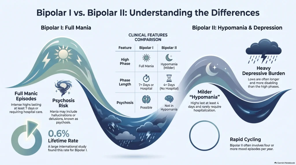 Infographic comparing Bipolar I and Bipolar II: full mania vs milder hypomania, phase length, psychosis risk, heavy depressive burden, 0.6% lifetime rate, and rapid cycling.