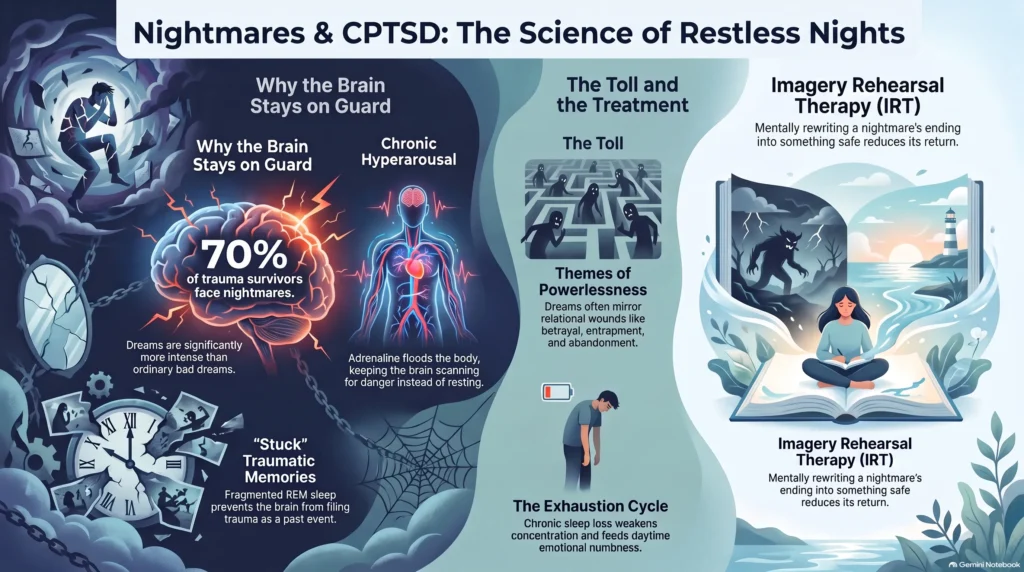 Infographic on nightmares and CPTSD: 70% of trauma survivors face nightmares, chronic hyperarousal, stuck traumatic memories, themes of powerlessness, the exhaustion cycle, and imagery rehearsal therapy.
