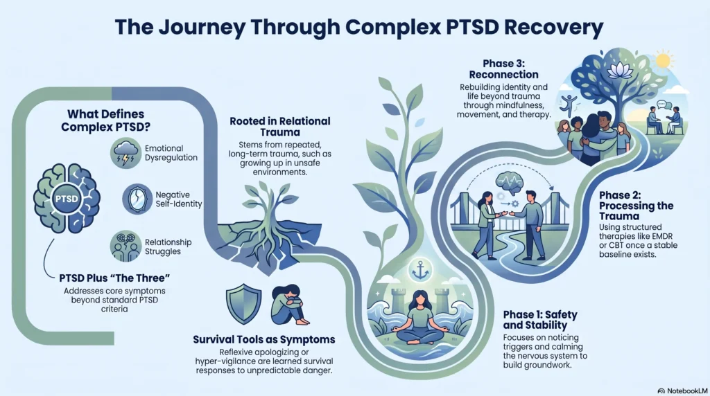 Infographic titled The Journey Through Complex PTSD Recovery, defining complex PTSD as standard PTSD plus emotional dysregulation, negative self-identity, and relationship struggles rooted in repeated relational trauma, then showing the three recovery phases: Phase 1 safety and stability, Phase 2 processing the trauma with structured therapies like EMDR once a stable baseline exists, and Phase 3 reconnection and rebuilding identity.