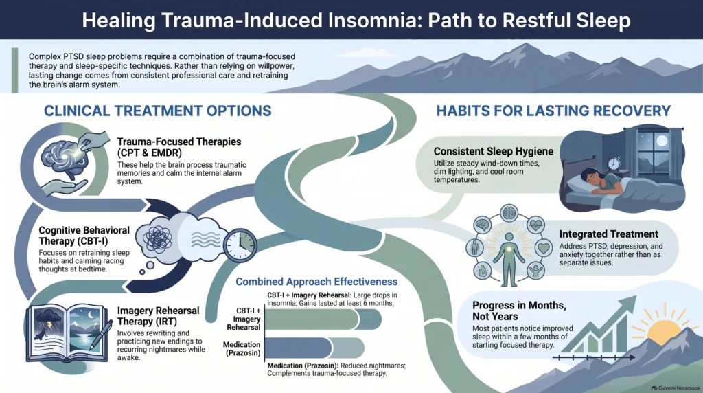 Infographic on healing trauma-induced insomnia: CPT, EMDR, CBT-I, imagery rehearsal, and prazosin plus sleep-hygiene and integrated-treatment habits.