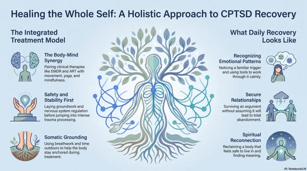 Infographic titled Healing the Whole Self: A Holistic Approach to CPTSD Recovery, showing an integrated treatment model of body-mind synergy pairing EMDR and ART with movement and mindfulness, safety and stability first, and somatic grounding, alongside what daily recovery looks like: recognizing emotional patterns, secure relationships that survive conflict, and spiritual reconnection to a body that feels safe.