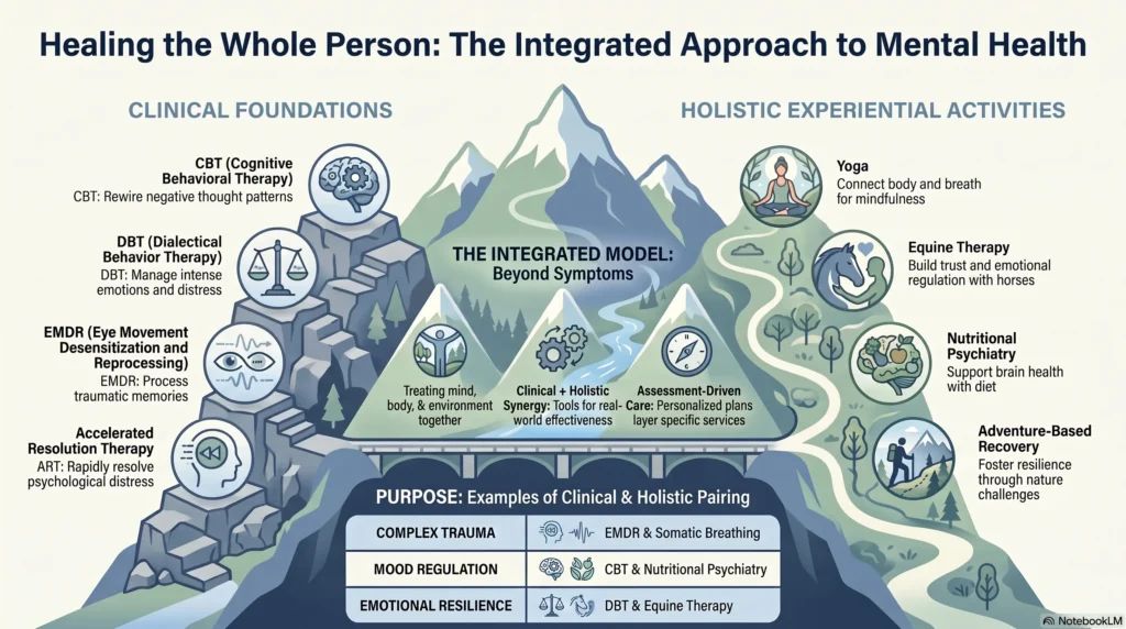 Infographic titled Healing the Whole Person showing an integrated mental health model with clinical foundations (CBT, DBT, EMDR, Accelerated Resolution Therapy) on one side and holistic experiential activities (yoga, equine therapy, nutritional psychiatry, adventure-based recovery) on the other, plus paired examples: EMDR with somatic breathing for complex trauma, CBT with nutritional psychiatry for mood regulation, and DBT with equine therapy for emotional resilience.