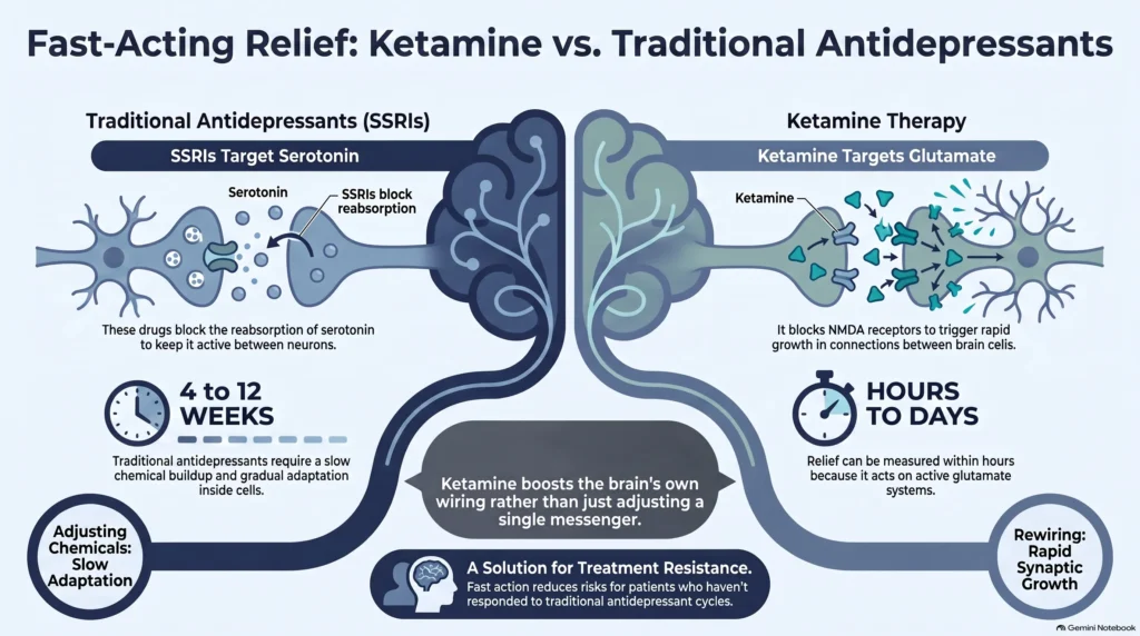 Infographic titled Fast-Acting Relief: Ketamine vs. Traditional Antidepressants, contrasting SSRIs that target serotonin by blocking reabsorption and take 4 to 12 weeks through slow chemical adaptation with ketamine that targets glutamate by blocking NMDA receptors to trigger rapid synaptic growth and relief within hours to days, noting ketamine boosts the brain's own wiring as a solution for treatment resistance.