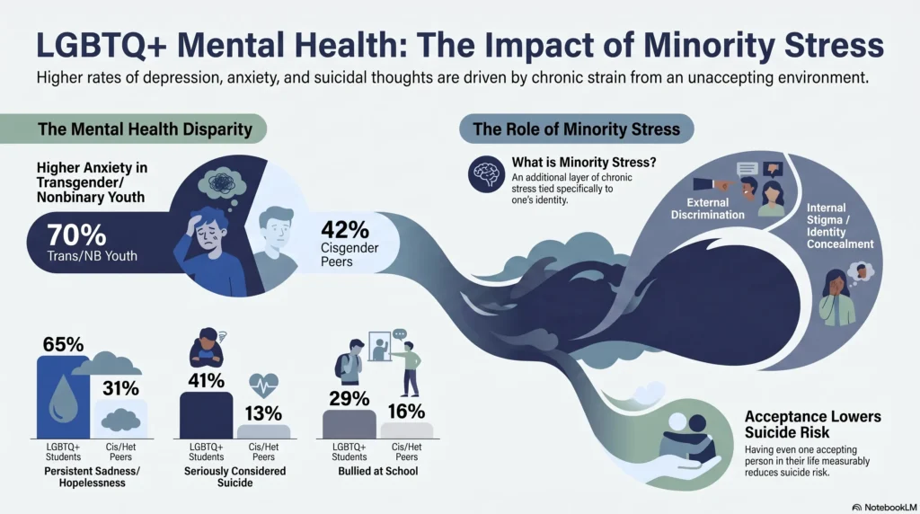 Infographic showing LGBTQ+ mental health disparities: 70% of trans/nonbinary youth report anxiety vs 42% of cisgender peers, 65% vs 31% persistent sadness, 41% vs 13% considered suicide, 29% vs 16% bullied, and how minority stress and acceptance affect risk.