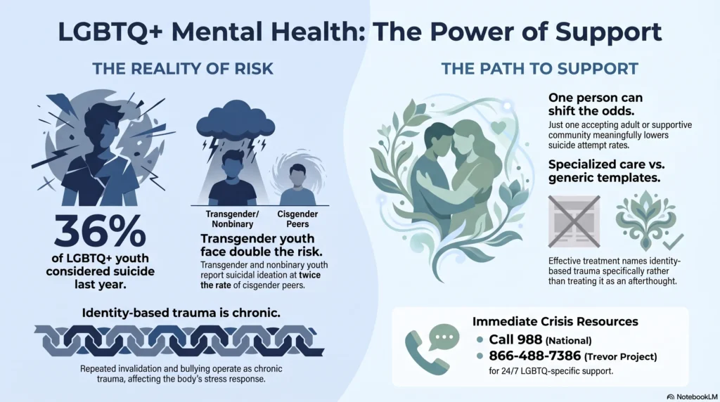 Infographic on LGBTQ+ mental health support: 36% of LGBTQ+ youth considered suicide last year, transgender youth face double the risk, identity-based trauma is chronic, and one accepting person lowers risk, with crisis resources 988 and Trevor Project 866-488-7386.