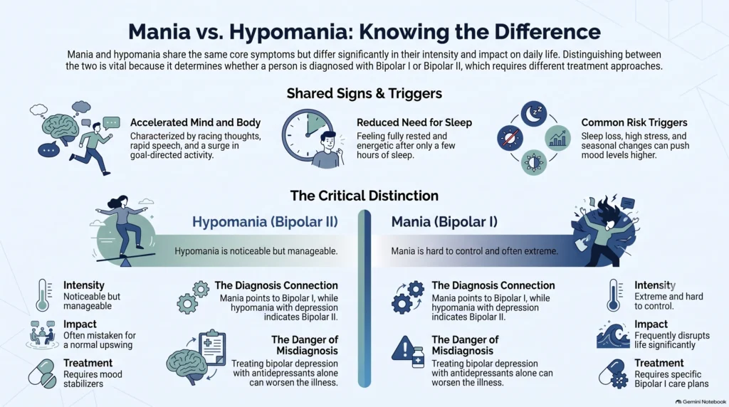 Infographic on mania vs. hypomania: shared signs (accelerated mind and body, reduced need for sleep, common triggers) and the critical distinction between Bipolar I and Bipolar II.