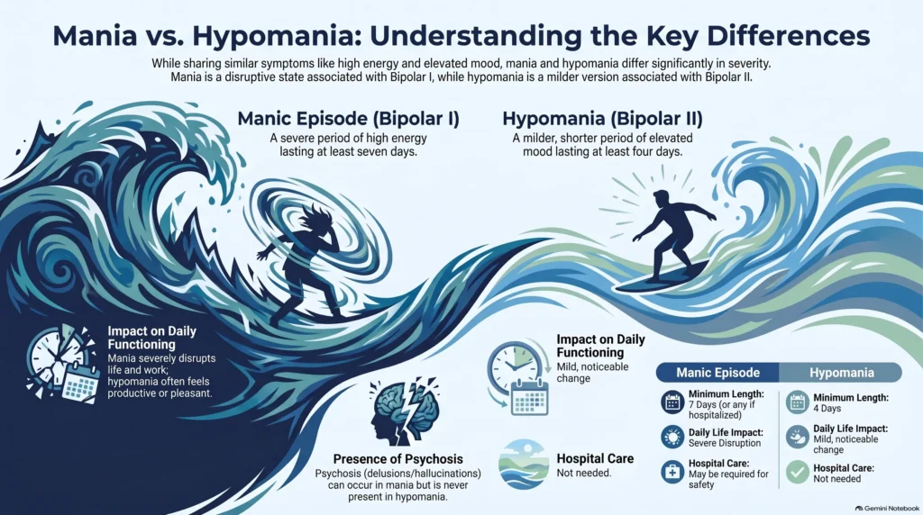 Infographic comparing a manic episode (Bipolar I) and hypomania (Bipolar II) by minimum length, daily-life impact, psychosis, and hospital care.