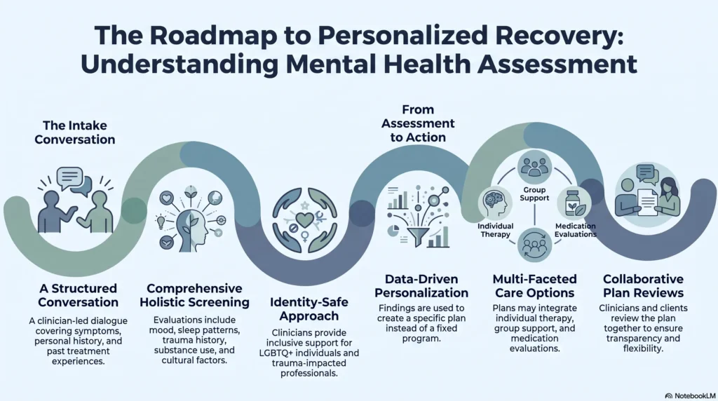 Infographic titled The Roadmap to Personalized Recovery showing six mental health assessment stages: a structured intake conversation, comprehensive holistic screening, an identity-safe approach for LGBTQ+ and trauma-impacted clients, data-driven personalization, multi-faceted care options, and collaborative plan reviews.