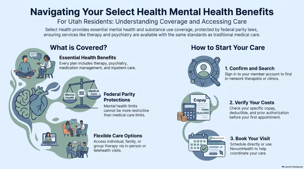 Infographic titled Navigating Your Select Health Mental Health Benefits for Utah residents, showing what is covered, including essential health benefits like therapy, psychiatry, medication management, and inpatient care, federal parity protections keeping mental health limits on par with medical care, and flexible in-person and telehealth options, alongside three steps to start care: confirm and search the provider network, verify your costs, and book your visit through NovumHealth.