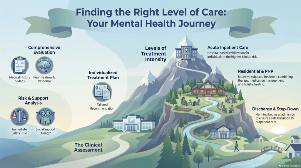 Infographic titled Finding the Right Level of Care: Your Mental Health Journey, showing a clinical assessment path with comprehensive evaluation of medical history and prior treatment response, risk and support analysis, and an individualized treatment plan, leading up a mountain through levels of treatment intensity: residential and PHP, acute hospital-based inpatient care, and discharge and step-down planning.