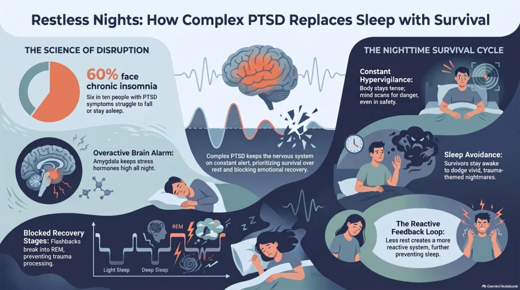 Infographic on how complex PTSD replaces sleep with survival: hypervigilance, overactive brain alarm, blocked REM, sleep avoidance, and a reactive feedback loop.
