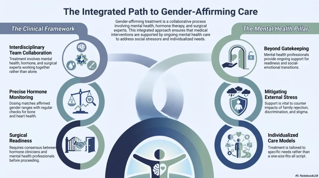 Infographic titled The Integrated Path to Gender-Affirming Care showing a clinical framework of interdisciplinary team collaboration, precise hormone monitoring, and surgical readiness alongside a mental health pillar covering support beyond gatekeeping, mitigating external stress from family rejection and stigma, and individualized care models.