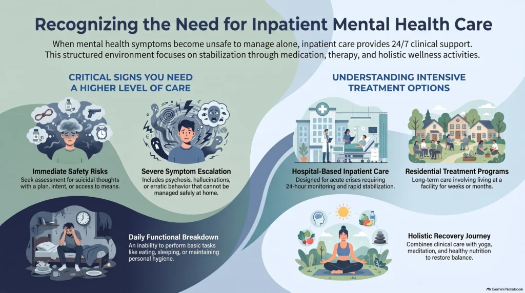 Infographic titled Recognizing the Need for Inpatient Mental Health Care, listing critical signs of needing a higher level of care, including immediate safety risks, severe symptom escalation such as psychosis, and daily functional breakdown, alongside intensive treatment options: hospital-based inpatient care, residential treatment programs, and a holistic recovery journey combining clinical care with yoga, meditation, and nutrition.