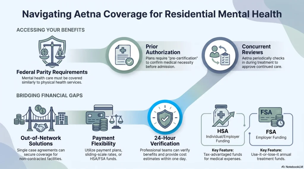Infographic titled Navigating Aetna Coverage for Residential Mental Health, covering how to access benefits through federal parity requirements, prior authorization for medical necessity, and concurrent reviews during treatment, alongside ways to bridge financial gaps: out-of-network single case agreements, payment flexibility with payment plans and sliding-scale rates, 24-hour benefit verification, and HSA and FSA tax-advantaged funds.