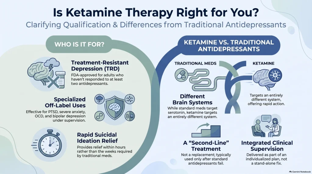 Infographic titled Is Ketamine Therapy Right for You?, explaining who it is for, including FDA-approved treatment-resistant depression, specialized off-label uses for PTSD, severe anxiety, OCD, and bipolar depression under supervision, and rapid suicidal ideation relief, and how ketamine differs from traditional antidepressants by targeting a different brain system, serving as a second-line treatment delivered under integrated clinical supervision.