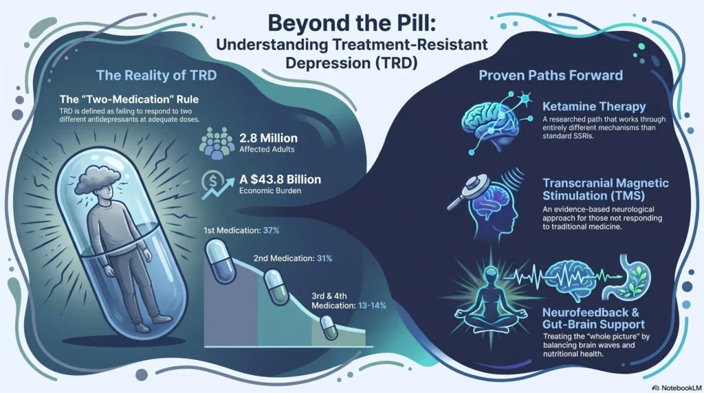 Infographic titled Beyond the Pill: Understanding Treatment-Resistant Depression, explaining the two-medication rule, that TRD affects 2.8 million adults with a $43.8 billion economic burden, declining remission rates across medication rounds from 37% to 31% to 13–14%, and proven paths forward including ketamine therapy, transcranial magnetic stimulation, and neurofeedback with gut-brain support.
