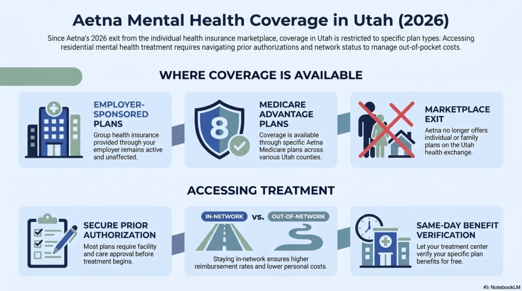 Infographic titled Aetna Mental Health Coverage in Utah 2026, showing where coverage is available after Aetna's marketplace exit: employer-sponsored plans that remain active, eight Medicare Advantage plans across Utah counties, and no individual or family marketplace plans, plus steps for accessing treatment: securing prior authorization, choosing in-network over out-of-network for higher reimbursement, and same-day benefit verification.