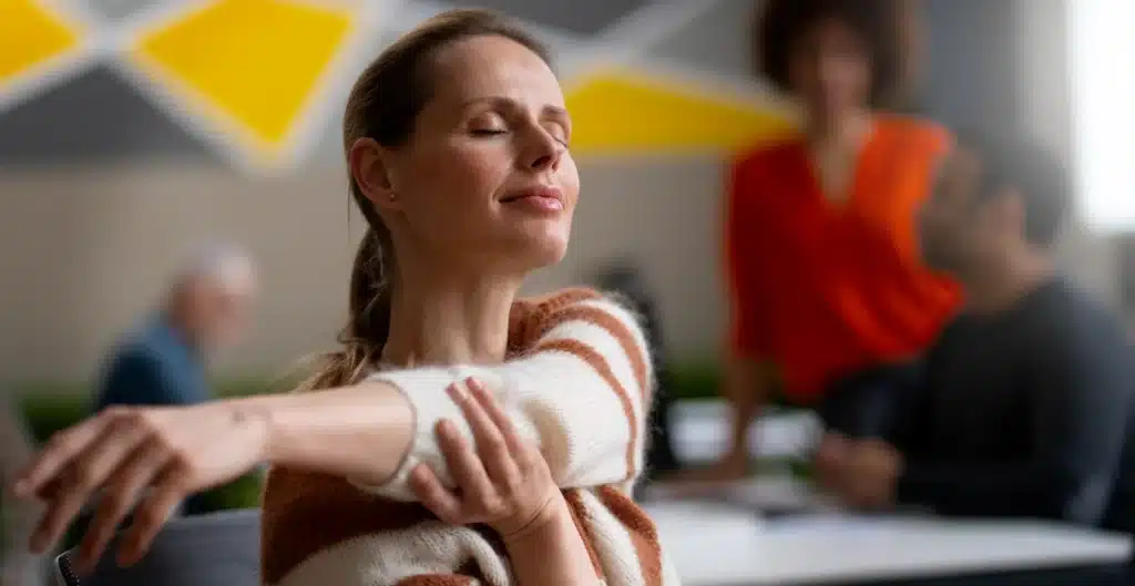Woman stretching her arm in an office setting, with a blurred background of colleagues working.